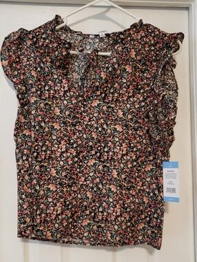 NWT-BB Dakota Women's Floral Ruffle Blouse - Black with Pink & Green Floral